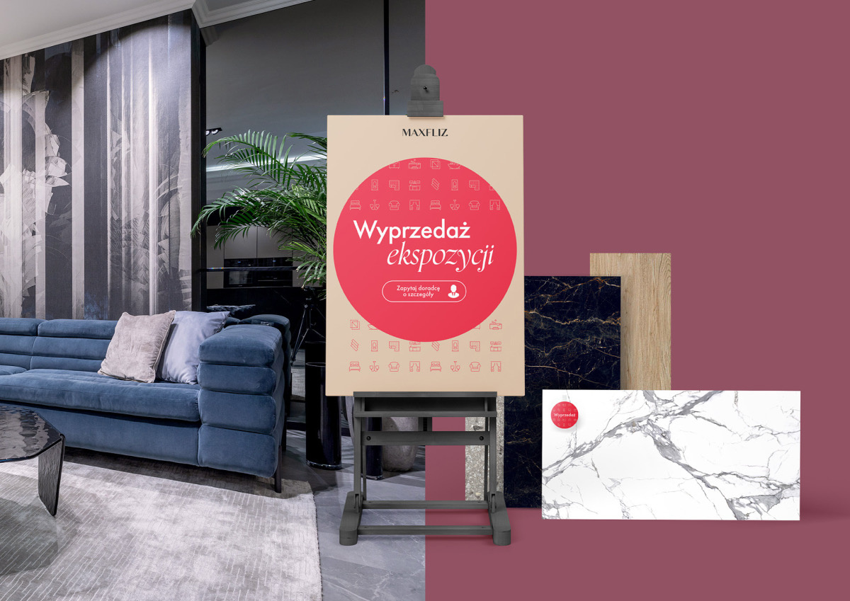 Projekt plakatu informującego o wyprzedaży w salonach wyposażenia wnętrz Maxfliz. Projektant Hubert Wawrzkowicz.